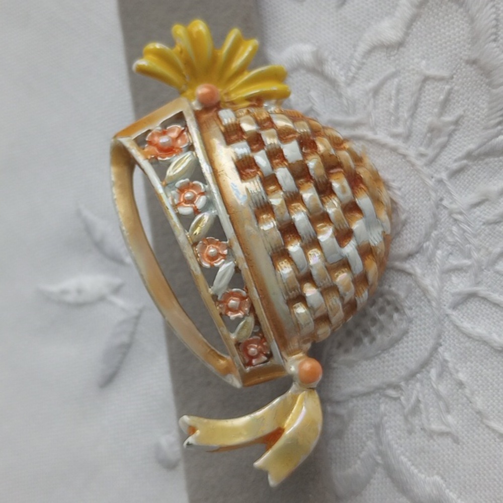 Vintage BJ enamel woven flower basket pin yellow orange